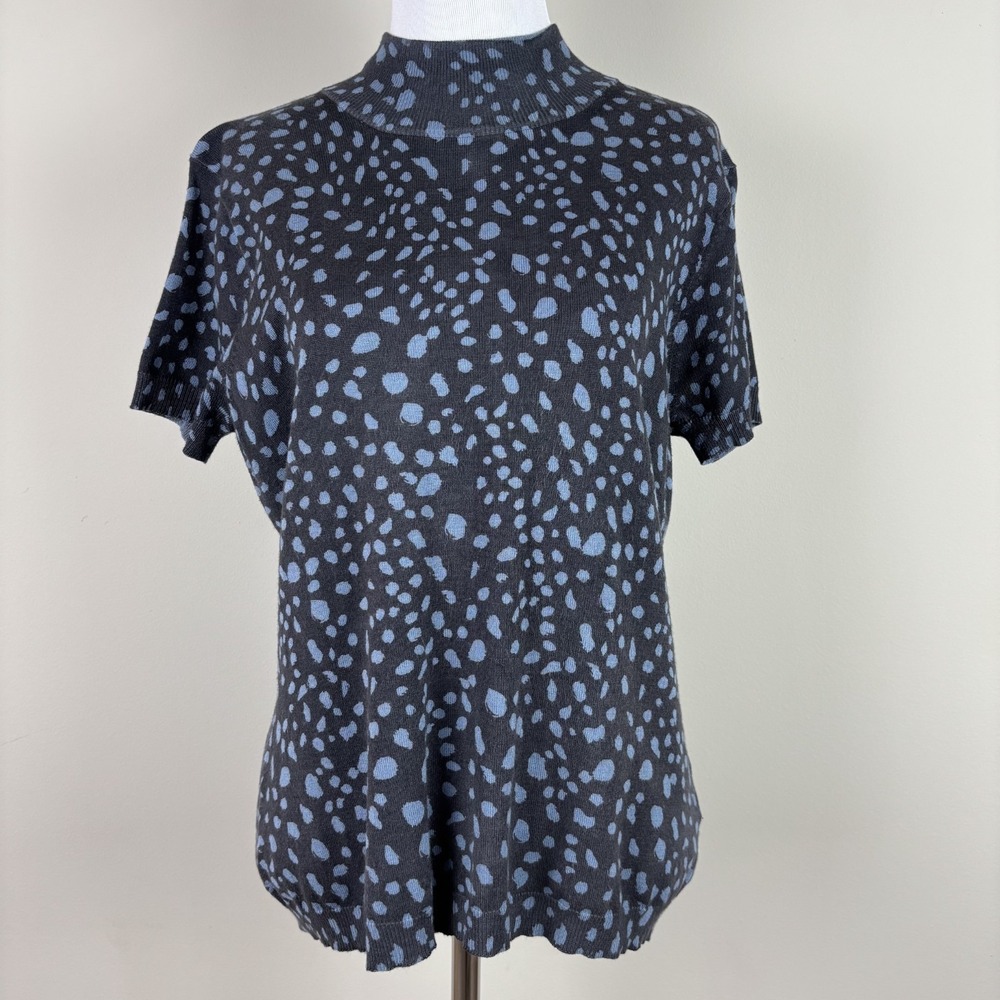 Javier Simorra Barcelona Sweater Top Womens 12 Blue Dot‎ Mock Neck Short Sleeve